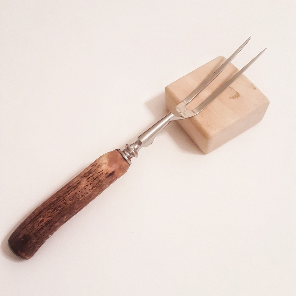 Antique food carving fork. Antler handle.
